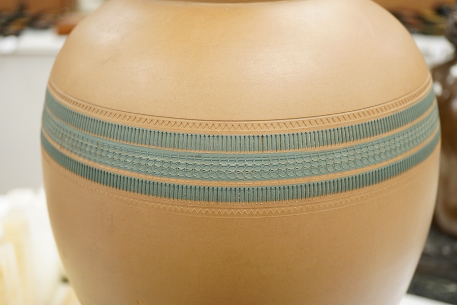 A Watcombe pottery lamp base, signed A Bartlett, 1880, overall 62cm high